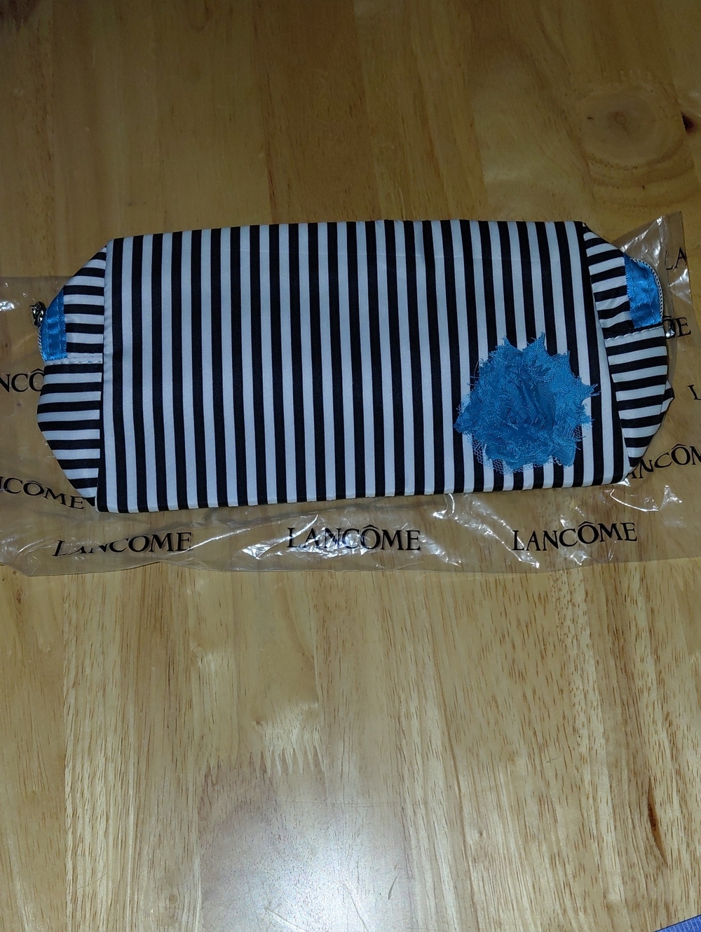 Lancome Black and White Striped Cosmetic Pouch with Teal Accent